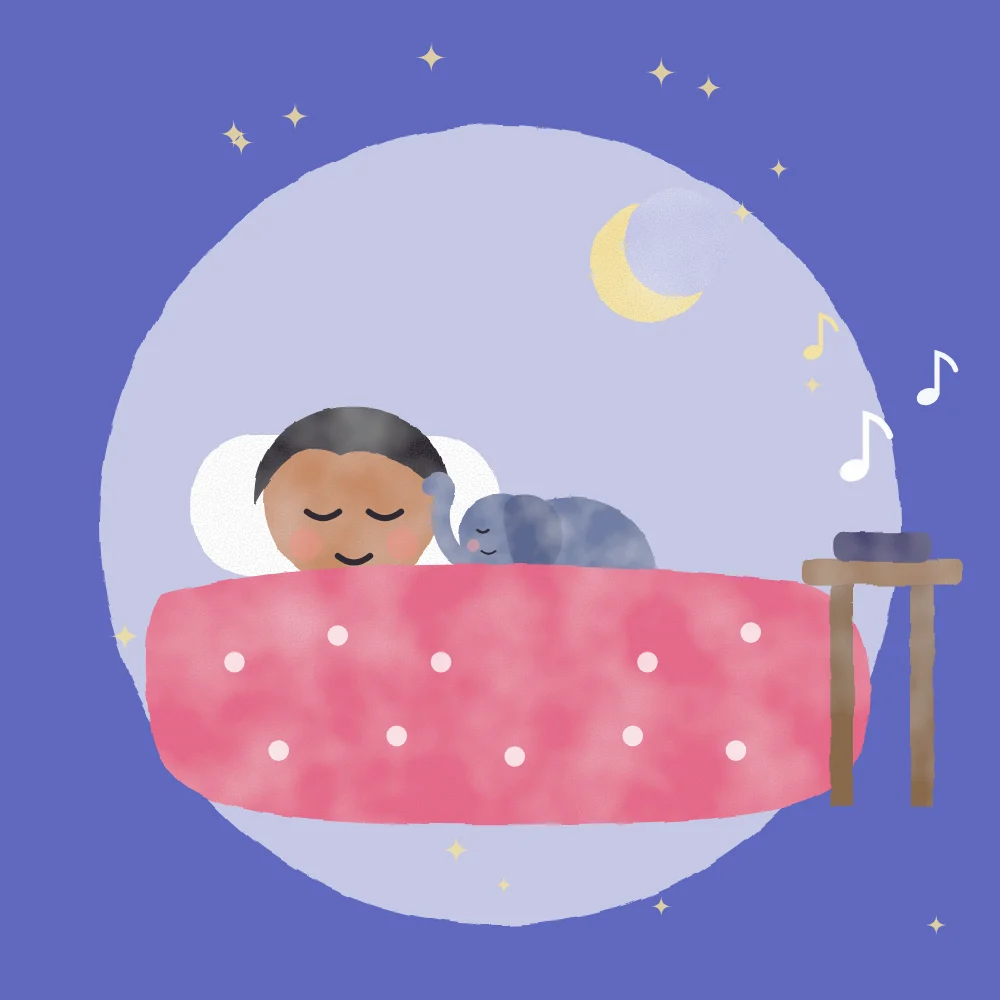 A child asleep with a toy elephant while a bedtime story plays from a phone turned face down